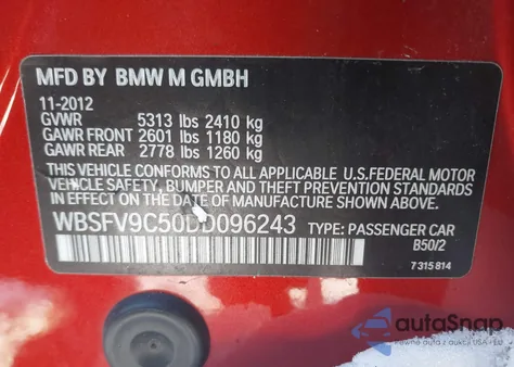 2013 BMW M5 z USA, uszkodzony, nr VIN WBSFV9C50DD096243